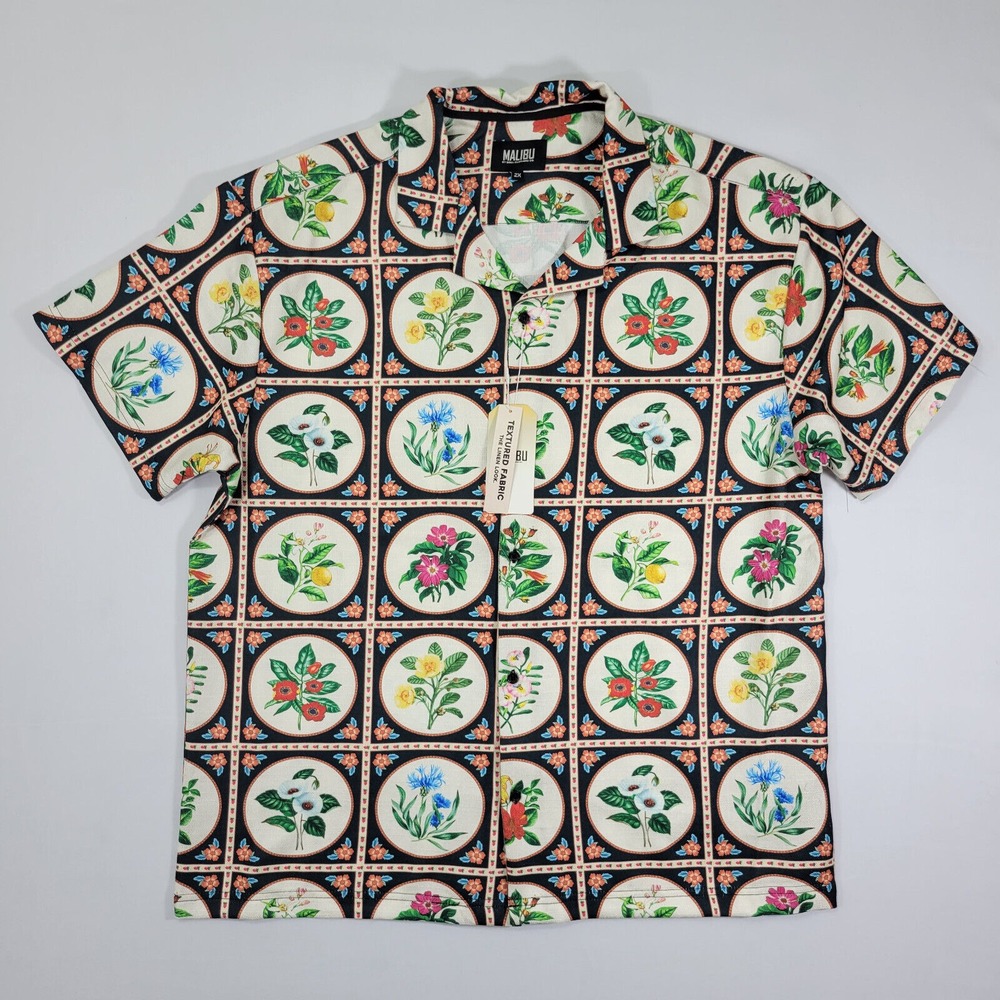 Malibu Drill Clothing Mens Button‎ Down Shirt Beige Floral Textured Fabric XXL
